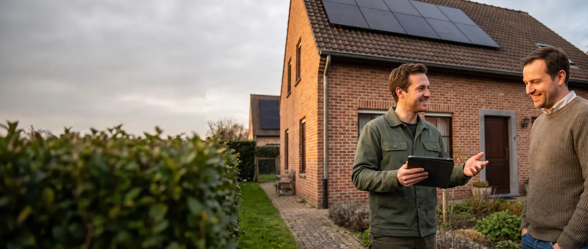 Energy advisor talking with a homeowner in front of a Belgian home with solar panels