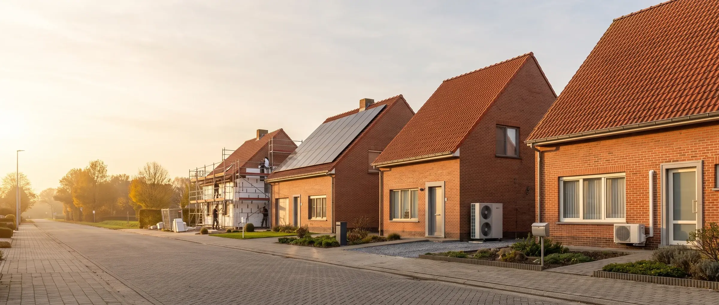 Belgische woning met zonnepanelen op het dak en een warmtepomp aan de gevel, golden hour, architecturale fotografie