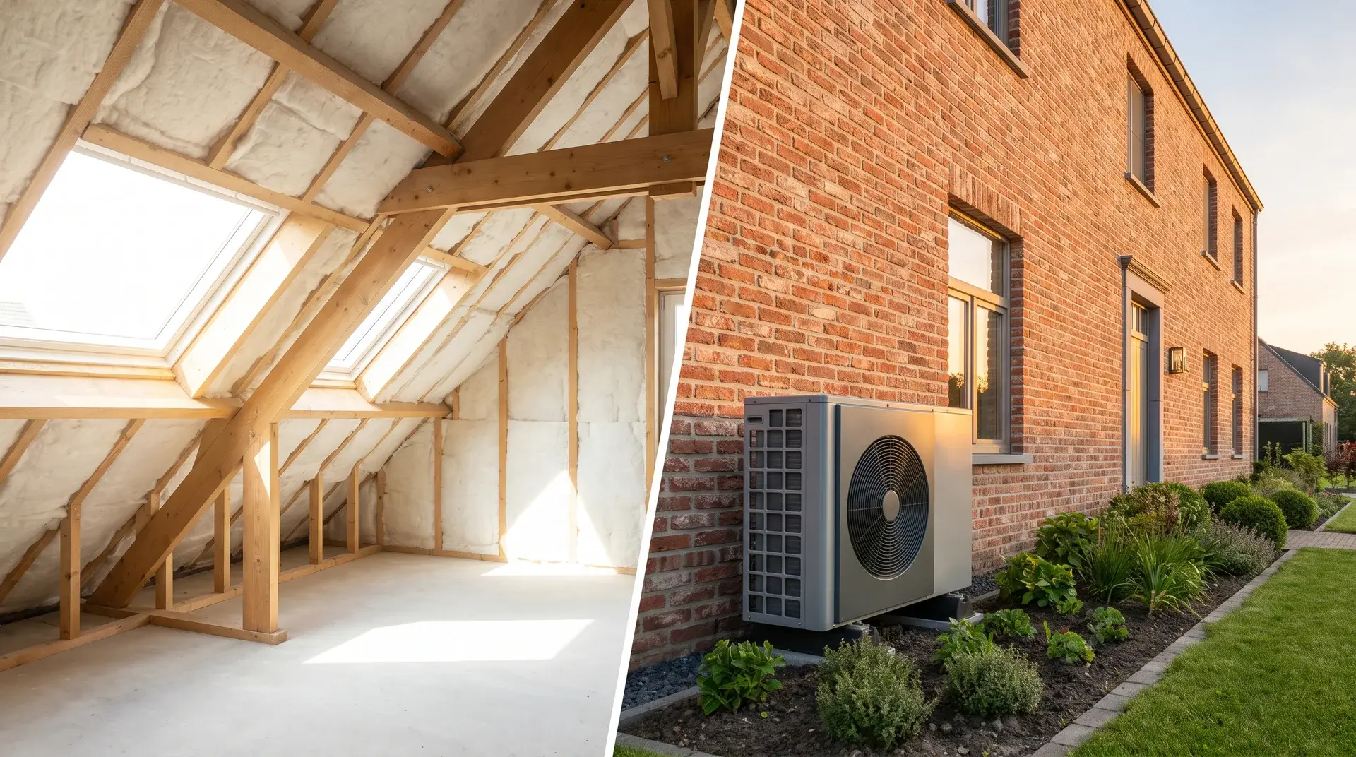 Roof insulation and a hybrid heat pump against the wall of a renovated home