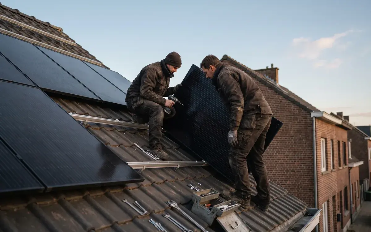 Twee installateurs monteren een zonnepaneel op het pannendak van een Vlaams rijhuis