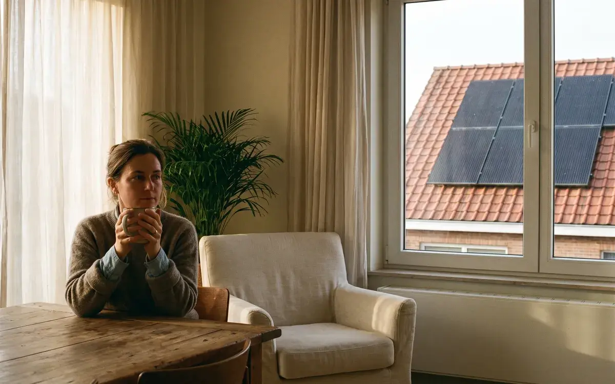 Bewoner zit met een mok koffie aan tafel; rechts van haar zijn door het raam de zonnepanelen op het dak van het buurhuis te zien