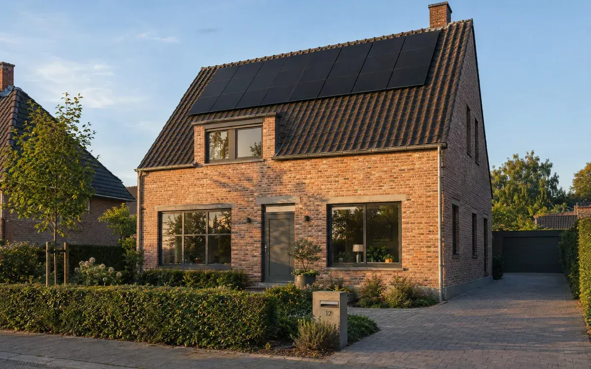 Vlaamse bakstenen woning met zonnepanelen op het dak in het avondlicht