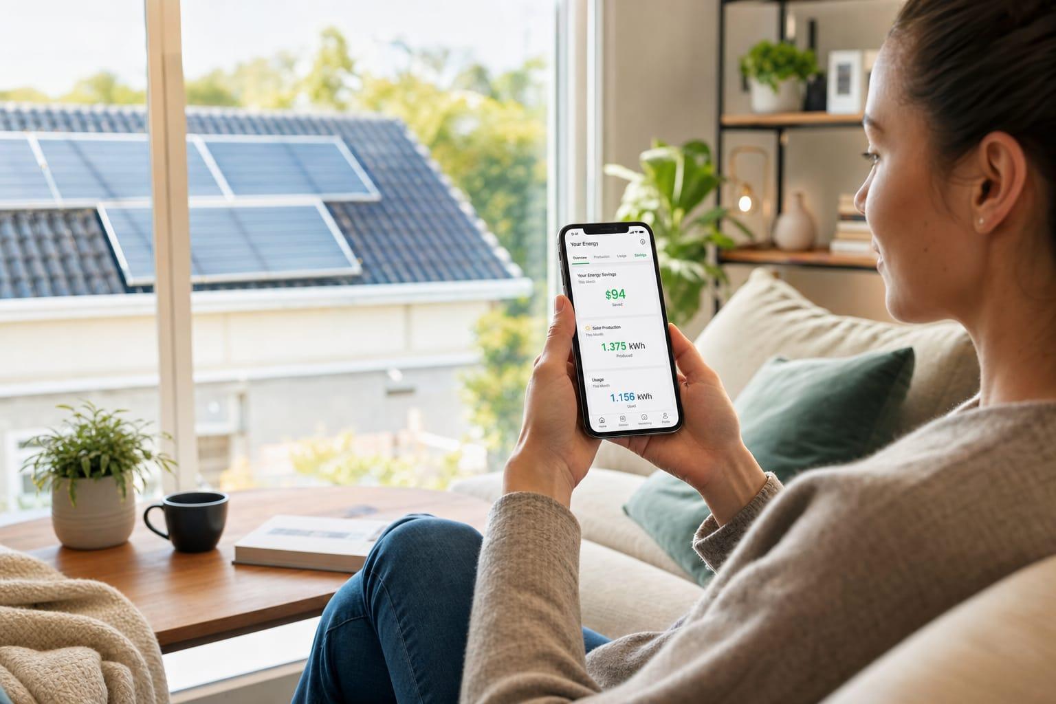 Bewoner bekijkt haar energiebesparing op de smartphone, met zonnepanelen op het dak buiten
