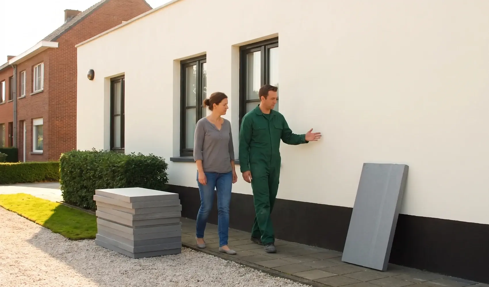 Specialist toont een bewoner de afgewerkte geïsoleerde en bepleisterde gevel tijdens een bezoek ter plaatse