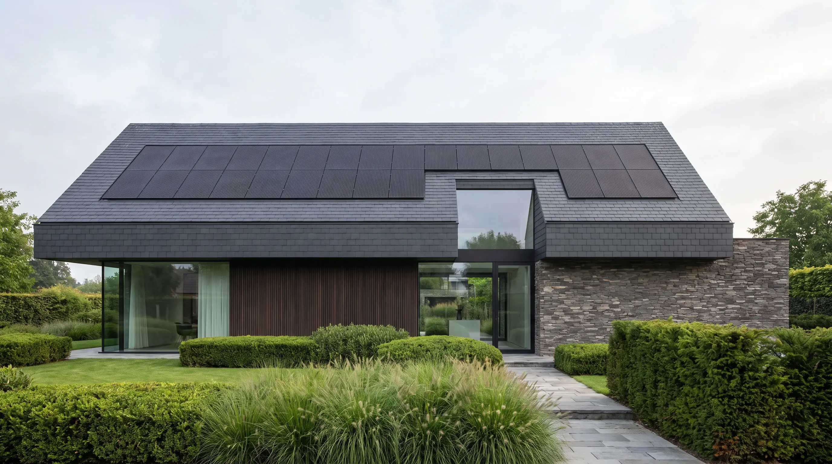 Modern home with solar panels on its roof