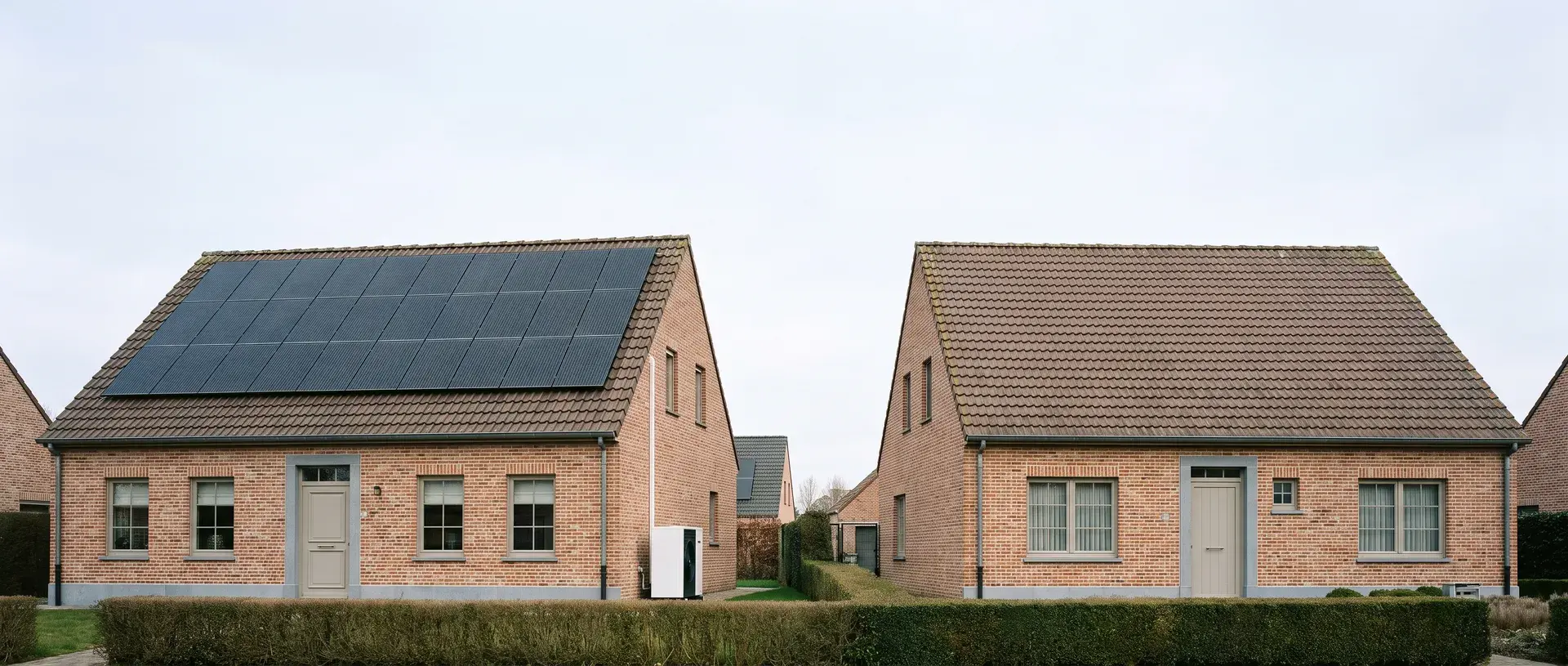 Twee gelijkaardige Belgische woningen: links met zonnepanelen en een warmtepomp, rechts zonder